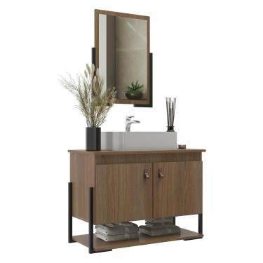 Imagem de Gabinete Banheiro 60cm 2 Portas Com Cuba E Espelheira Multimóveis Cr10106 Noce Noce