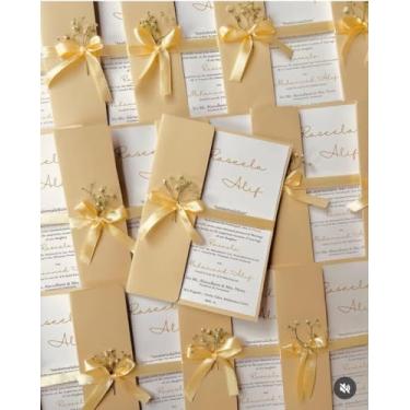 Imagem de Convites de Casamento Personalizados com Envelope, Convite Interno e Flor Seca, Estilo Elegante com Laço de Fita, 10 Unidades