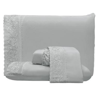 Imagem de Jogo De Lençol Dunna King 4 Peças Percal 300 Fios Bordado Inglês Macio - Cinza - 100% Poliéster