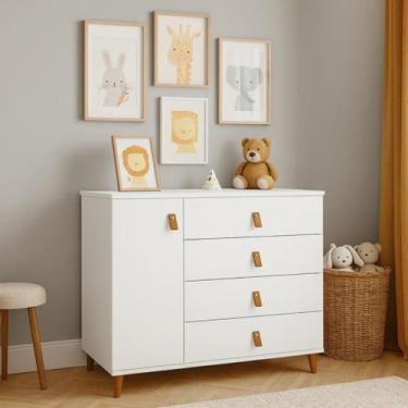 Imagem de Cômoda Decor Bebê Infantil Juvenil Quarto 4 Gavetas 1 Porta Retrô Pés 