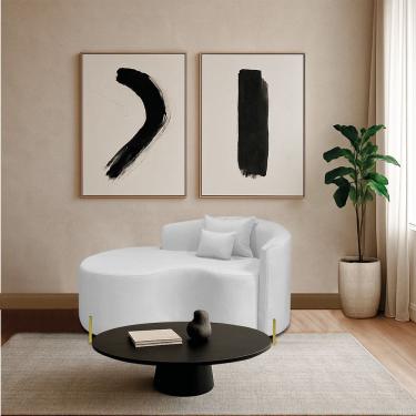 Imagem de Divã Recamier Curvo Sala De Estar Recepção Inglaterra 150cm Pés Metal Dourado Lado Esquerdo Bouclé Branco