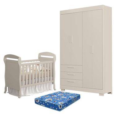 Imagem de Berço Americano Danny Com Colchão Ortobom E Guarda Roupa 4 Portas Zaki Areia Acetinado - Reller