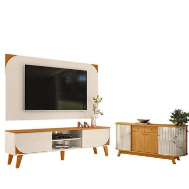 Imagem de Rack Bancada E Painel Para Tv Duna Com Aparador Para Sala Buffet Mônaco Cinamomo Off White - Madetec