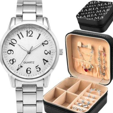 Imagem de Relogio Feminino Prata Aco + Pulseira Colar + Porta Joia inoxidavel ca