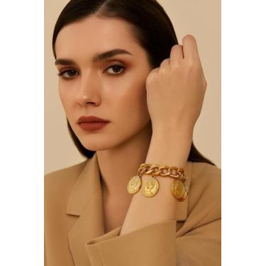 Imagem de Bracelete Grosso Dourado Corrente Elo Cubano Charm Moeda Romana-Pulsei