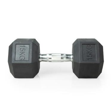 Imagem de Halter 15kg Emborrachado Sextavado Cromado Dumpbell Academia - PHELPS 