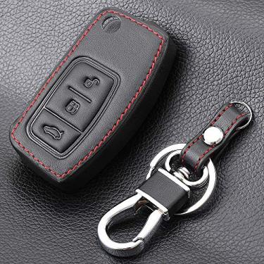 Imagem de YJADHU Capa para chave remota de couro com 3 botões para carro porta-chaves chaveiro chaveiro, adequado para Ford Fiesta Focus Mondeo Falcon B-Max C-Max Eco Sport Galaxy