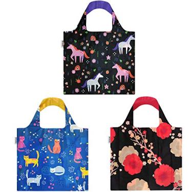 Imagem de Wrapables Sacola de compras grande reutilizável com bolsa externa (conjunto de 3), gatinhos, unicórnios, floral
