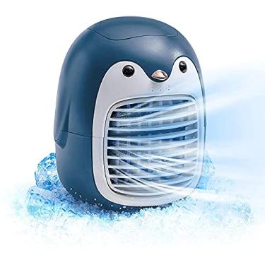 Imagem de Ventilador de ar condicionado portátil do Pinguim fofo, refrigerador de ar sem fio USB recarregável, mini evaporativo de espaço pessoal, ventilador de névoa silencioso de 3 velocidades para escritório, casa, quarto, carro, quarto (azul)