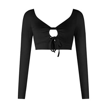 Imagem de Camiseta feminina manga longa com cordão e decote em V cropped manga curta (Color : Black, Size : M)