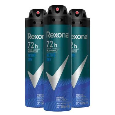 Imagem de Kit Desodorante Aerosol Rexona Active Dry/Azul 150ml - 3 Unidades