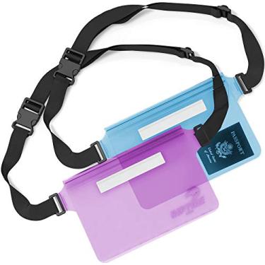 Imagem de Pochete impermeável (pacote com 2) para homens e mulheres, bolsa seca resistente à água com alça ajustável na cintura – protege objetos de valor em esportes aquáticos (azul e violeta)