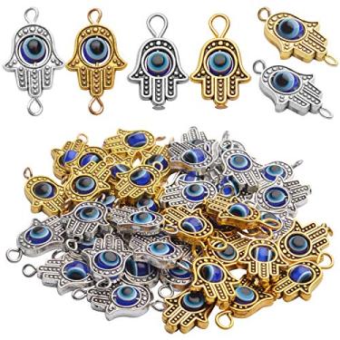 Imagem de Amuletos de contas de mão Hamsa, 40 peças de contas de mão Hamsa antigas, berloques azuis, contas de olho turco, conectores modernos, pingentes, símbolos de Fátima, pingentes para colar faça você