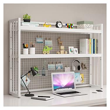 Imagem de KIZQYN Estante de 2 camadas de moldura de aço branco prateleira de mesa rack de armazenamento de escritório estante de mesa com evitar queda de grade de metal organizador estante (cor: ouro, tamanho: 115cmx24cmx89cm)
