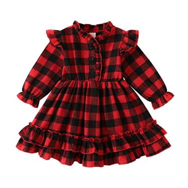 Imagem de Vestido xadrez preto vermelho para meninas de inverno, manga comprida, vestido de princesa, saia casual infantil (vermelho, 12 a 18 meses)