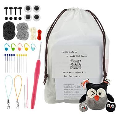 Imagem de Kit de tricô de coruja Rummy kit fofo de crochê animal de pelúcia DIY conjunto de crochê para iniciantes agulhas de crochê engraçadas artesanato animal conjunto completo de crochê para amantes de presente hobby para iniciantes especialistas (preto)