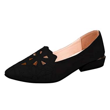 Imagem de Sandálias de couro vintage de verão femininas bico fino oco sandálias anabela de lona antiderrapante suporte de arco salto quadrado (preto, 8)