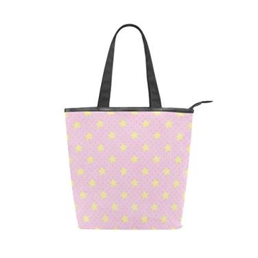 Imagem de Bolsa de mão com alça superior de lona, pequenas estrelas amarelas em rosa, bolsa de ombro para mulheres