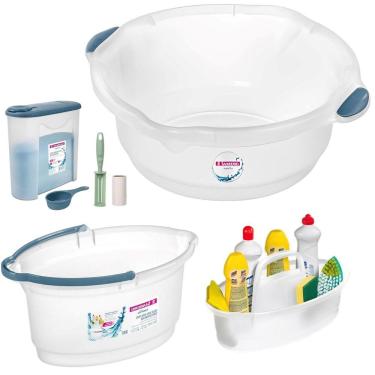 Imagem de Kit Balde Cesto Oval Bacia Grande Porta Sabão Em Pó Dosador Rolo Adesivo Plástico Limpeza Casa - Sanremo