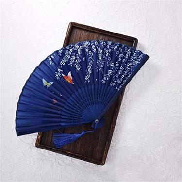 Imagem de Leque dobrável estilo vintage ventilador dobrável de seda padrão chinês japonês arte artesanato presente decoração de casa ornamentos ventilador de mão dança acessórios decorativos feitos à mão (cor: A, tamanho: 38X21cm)