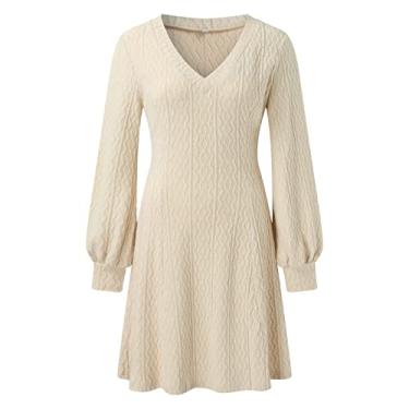 Imagem de Vestido de suéter liso moderno para mulheres temperamento slim fit tricotado vestido midi inverno gola V manga longa malha, Bege, GG