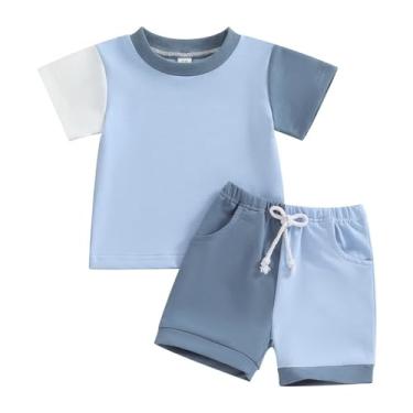 Imagem de Conjunto de 2 peças de roupas para meninos com gola redonda e calça elástica para bebê confortável camiseta de praia infantil colorblock manga curta, Azul, 18-24 Meses