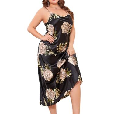 Imagem de Camisola de Cetim, Vestido de Noite Longo Com Estampa Floral, Sem Mangas, Gola Redonda, Férias Femininas (1XL)