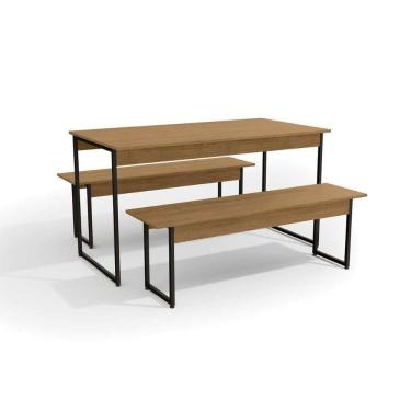 Imagem de Conjunto: Mesa Sala Jantar Industrial Li013 C- Tampo Madeirado 136x72cm E 2 Bancos Freijo-preto