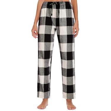 Imagem de Lavenderi Calça de pijama feminina de algodão macio, calça de pijama longa com cordão e bolsos, Xadrez preto e branco, G