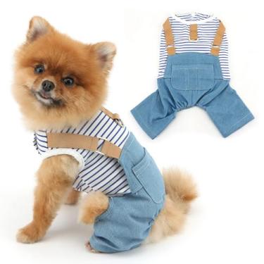 Imagem de PAIDEFUL Roupas para cães jeans macacão clássico listrado camisas babador calças para gatos verão roupas legais cachorro jeans macacão macacão filhote camiseta vestuário com bolso D-anel, azul, G