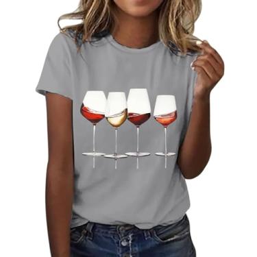 Imagem de PKDong Camisetas femininas estampadas com estampa de taça de vinho de manga curta para mulheres 2024, Cinza, G