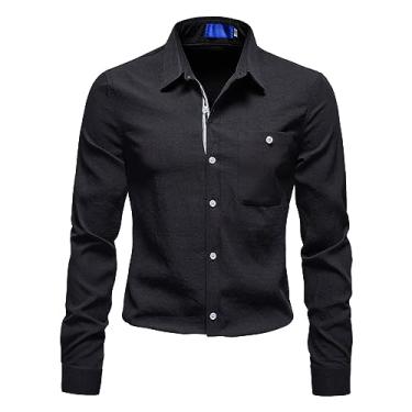 Imagem de Camisa social masculina de manga comprida slim fit abotoada lapela sólida bolso camiseta leve casual, Preto, M