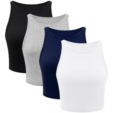 Imagem de 4 peças regatas femininas de algodão básicas costas nadador sem mangas esportivas para treino, 4 peças de gola alta - preto/branco/cinza/azul escuro, P