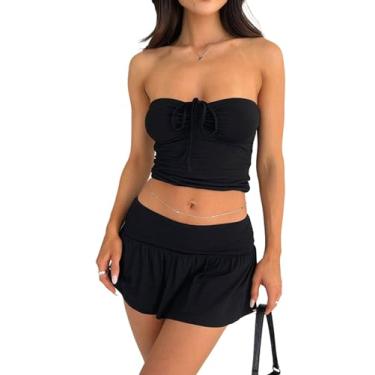 Imagem de ThusFar Conjunto de 2 peças de saia para mulheres sexy Y2k ombro de fora com cordão top curto plissado saia saia combinando, Preto, M