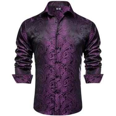 Imagem de Hi-Tie Camisas sociais masculinas de seda jacquard manga longa casual abotoada formal casamento camisa de festa de negócios, Paisley roxo preto 1, P