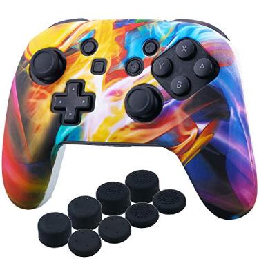 Imagem de YoRHa Studded Silicone Transfer Print Cover Skin Case ONLY for Nitendo Official Switch Pro Controller x 1(Colourful Stream) with Pro Thumb Grips x 8