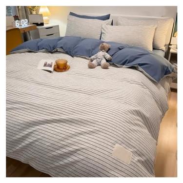 Imagem de Jogo de cama listrado de algodão lavado, conjuntos de capa de edredom tamanho Queen, macio (uma cor 150 x 200 cm, 4 peças)