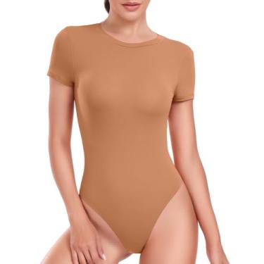 Imagem de HeyNuts Body feminino de camada dupla ultramacia de manga curta e gola redonda, camiseta básica casual, Damasco caramelo, M