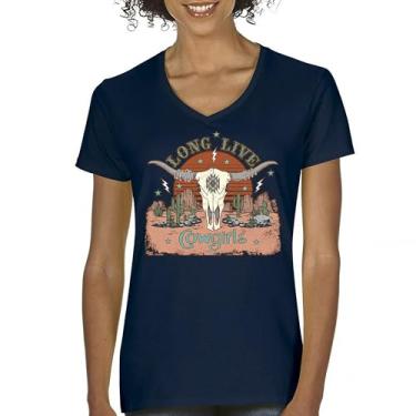 Imagem de Camiseta feminina Long Live Cowgirl gola V Vintage Country Girl Western Rodeo Ranch Blessed and Lucky American Southwest, Azul marinho, P