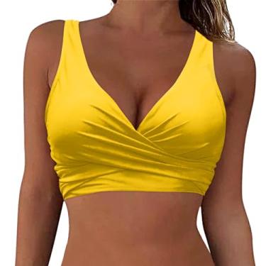 Imagem de Lainuyoah Top de biquíni feminino plus size frente torcida top de biquíni com cadarço cobertura total maiô cropped push up acolchoado, B - amarelo, P