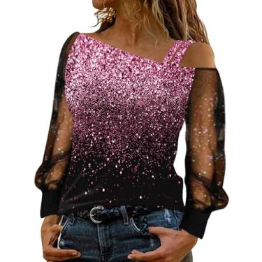 Imagem de Aniywn Camiseta feminina de manga comprida com ombro de fora e lantejoulas de malha com glitter, blusa de festa, clube, blusa Y2K, A2 - roxo, M