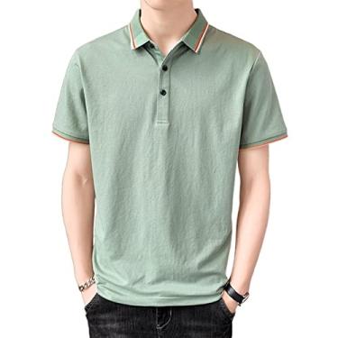 Imagem de Polos masculinos com gola listrada, camisa esportiva de cor sólida, estiramento leve, secagem rápida, ajuste regular, moda esportiva(Color:Green,Size:XXXL)
