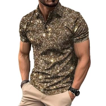 Imagem de Camiseta masculina de verão manga curta lapela estampa digital botão estrela camisa casual rua, Caqui, P
