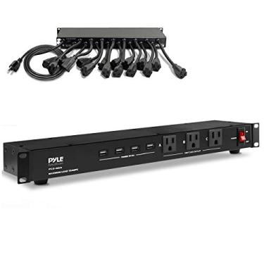Imagem de Pyle 19 Tomadas, 1U 48,26 cm, montagem em rack, fonte de distribuição de energia, centro condicionador, unidade de tira, protetor contra surtos, disjuntor de 15 amp, 4 portas de carga multidispositivos USB cabo de 15 pés (PCO865) preto