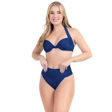 Imagem de Biquíni Feminino Moda Praia Cintura Alta Efeito Chapa Barrida Alças Alta Sustentação Trilobal Liso Com Brilho (BR, Alfa, M, Regular, Marinho)