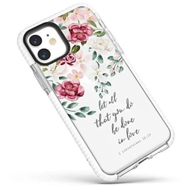 Imagem de Capa para iPhone 12 Mini, Rosas Vermelhas Rosa Inspiradoras Escrituras Versículos da Bíblia Citações Cristãs Corinthians 16:14 Capa protetora macia com design transparente para meninas e mulheres