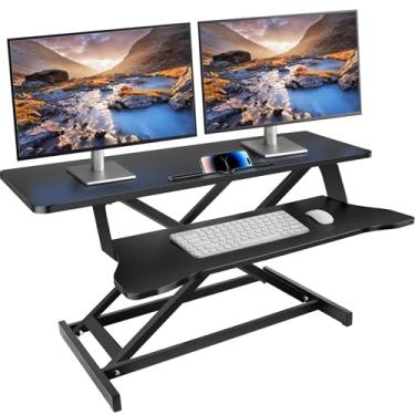Imagem de XaGai Mesa de pé, conversor de mesa vertical de 93 cm, monitores de computador duplo e estação de trabalho de laptop para escritório em casa, bandeja de teclado ampla para mesa de 2 camadas, preta
