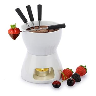 Imagem de BSTKEY Conjunto de aquecedor de manteiga de cerâmica de 400 ml com 4 garfos, conjunto de panela de derretimento de fondue, conjunto de tigela quente para queijo, chocolate, manteiga e caramelo