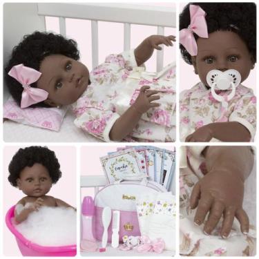 Imagem de Bebê Reborn Menina Negra Laura 100% Silicone Barata 20 Itens - Cegonha