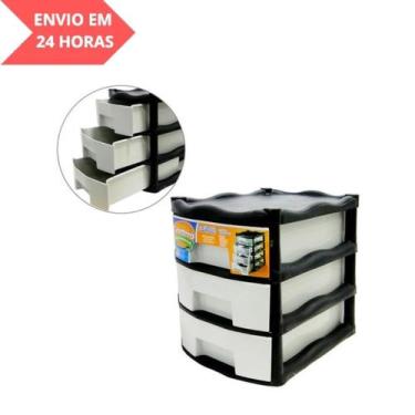 Imagem de Gaveteiro Organizador Retangular 3 Gavetas Preto  Compacto e Versátil 